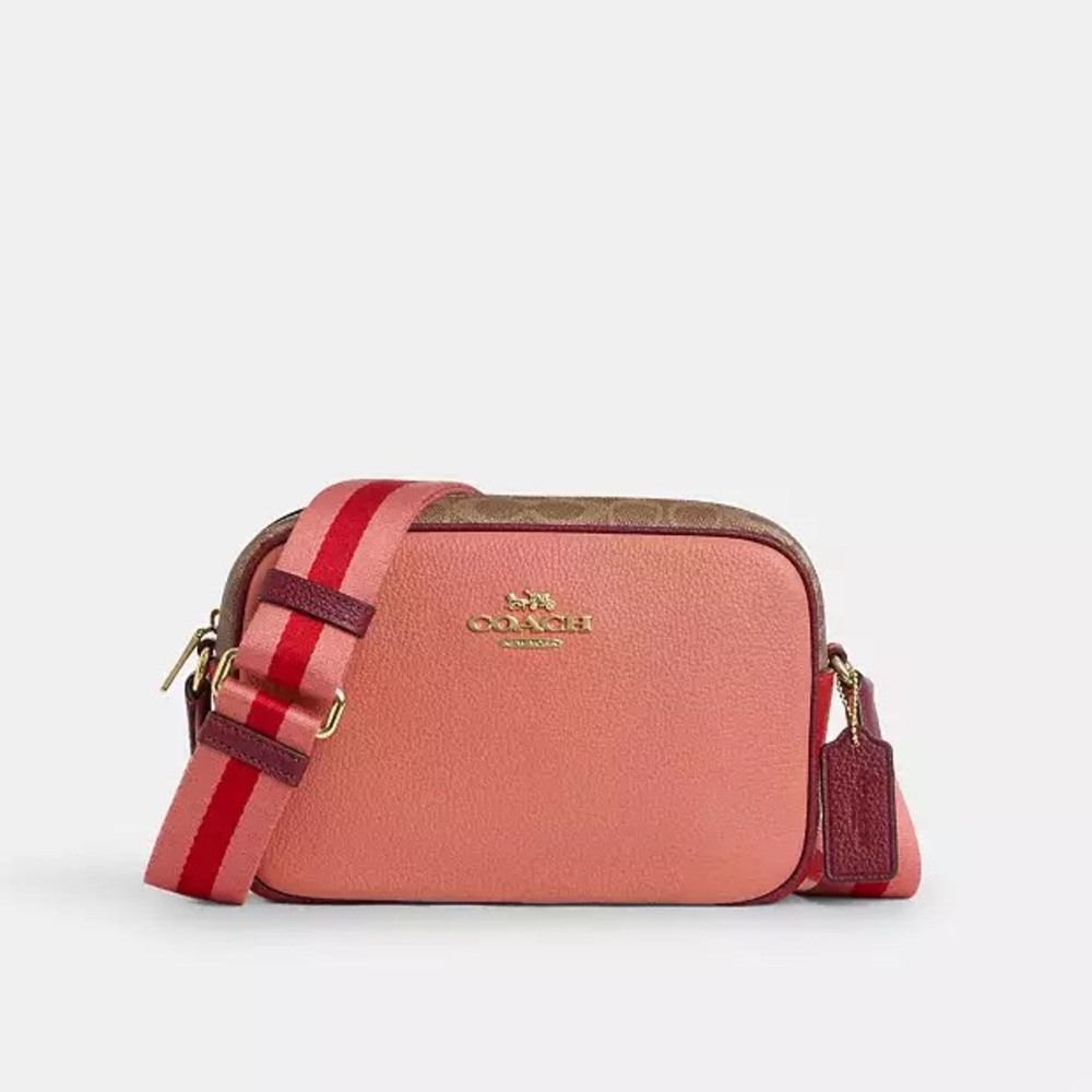 NWT 🏷️ Jamie Camera Bag In Colorblock Signature Canvas - Tan/Burnt Coral